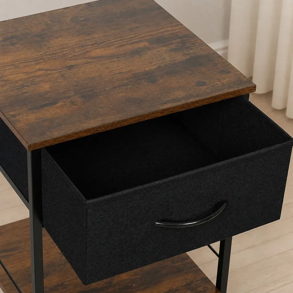 Bedside Table Metal Frame MDF Top with Drawer and Shelf Brown and Black 40cm W x 40cm D x 52.5cm H