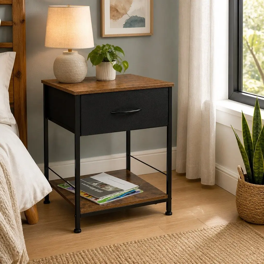 Bedside Table Metal Frame MDF Top with Drawer and Shelf Brown and Black 40cm W x 40cm D x 52.5cm H