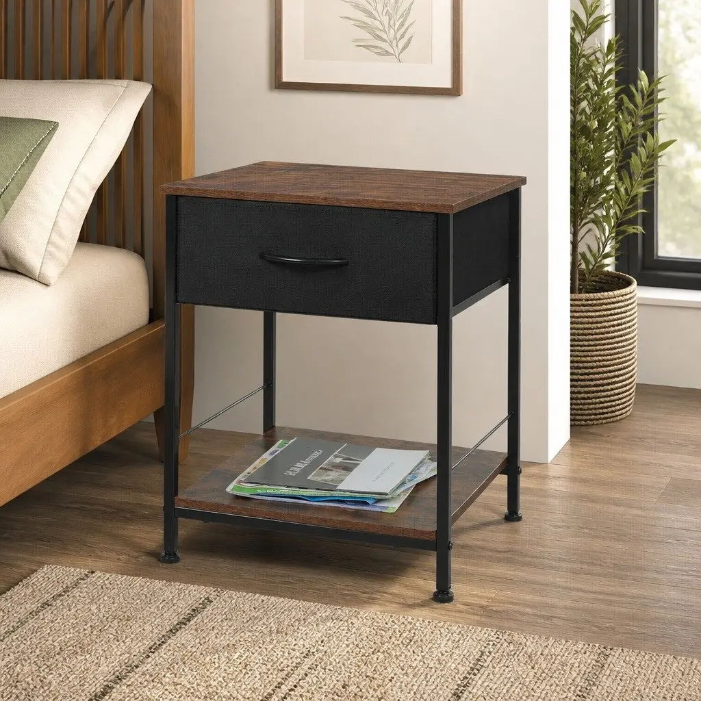 Bedside Table Metal Frame MDF Top with Drawer and Shelf Brown and Black 40cm W x 40cm D x 52.5cm H