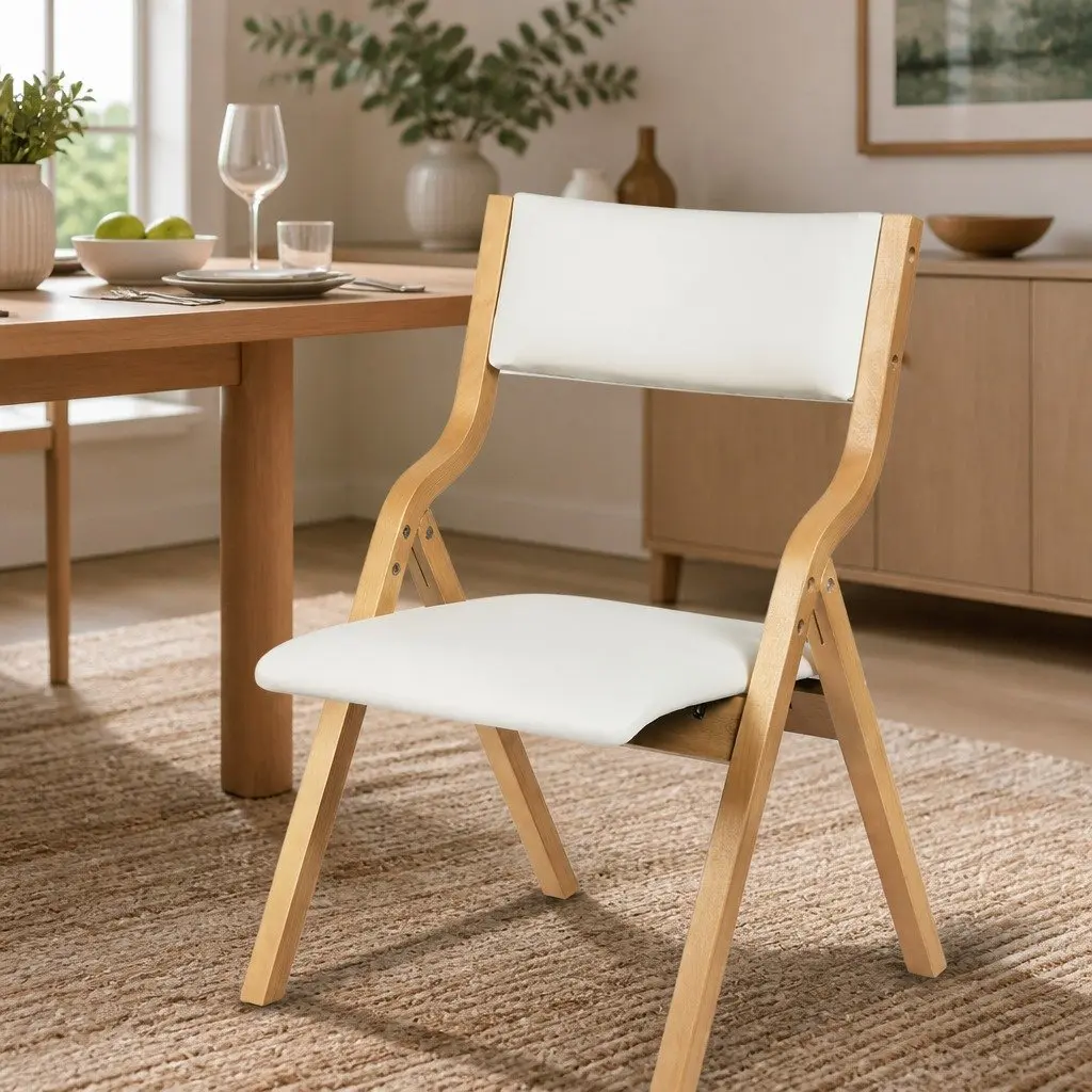 Folding Dining Chairs Set of 4 PU Seat Beige Kitchen Dinner Room Furniture