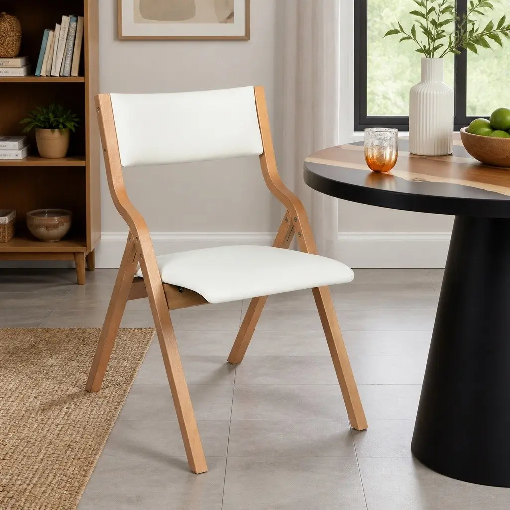Folding Dining Chairs Set of 4 PU Seat Beige Kitchen Dinner Room Furniture