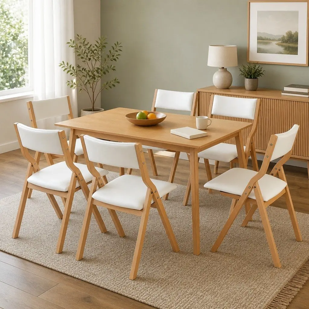 Folding Dining Chairs Set of 6 Beige Foldable Kitchen Seat Space Saving Home