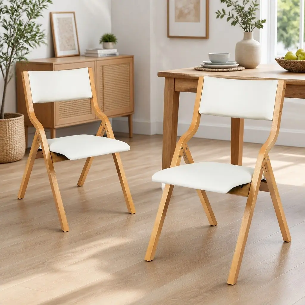 Foldable Dining Chairs Set of 8 PU Seat Beige Kitchen Furniture Space Saving