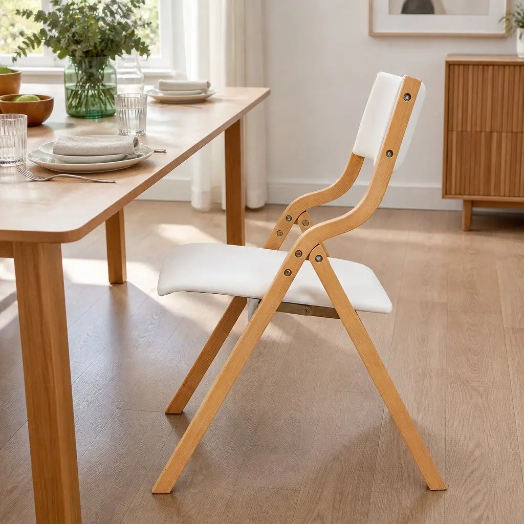 Foldable Dining Chairs Set of 8 PU Seat Beige Kitchen Furniture Space Saving