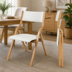 Foldable Dining Chairs PU Seat Solid Wood Frame Set of 2 Beige Kitchen Furniture