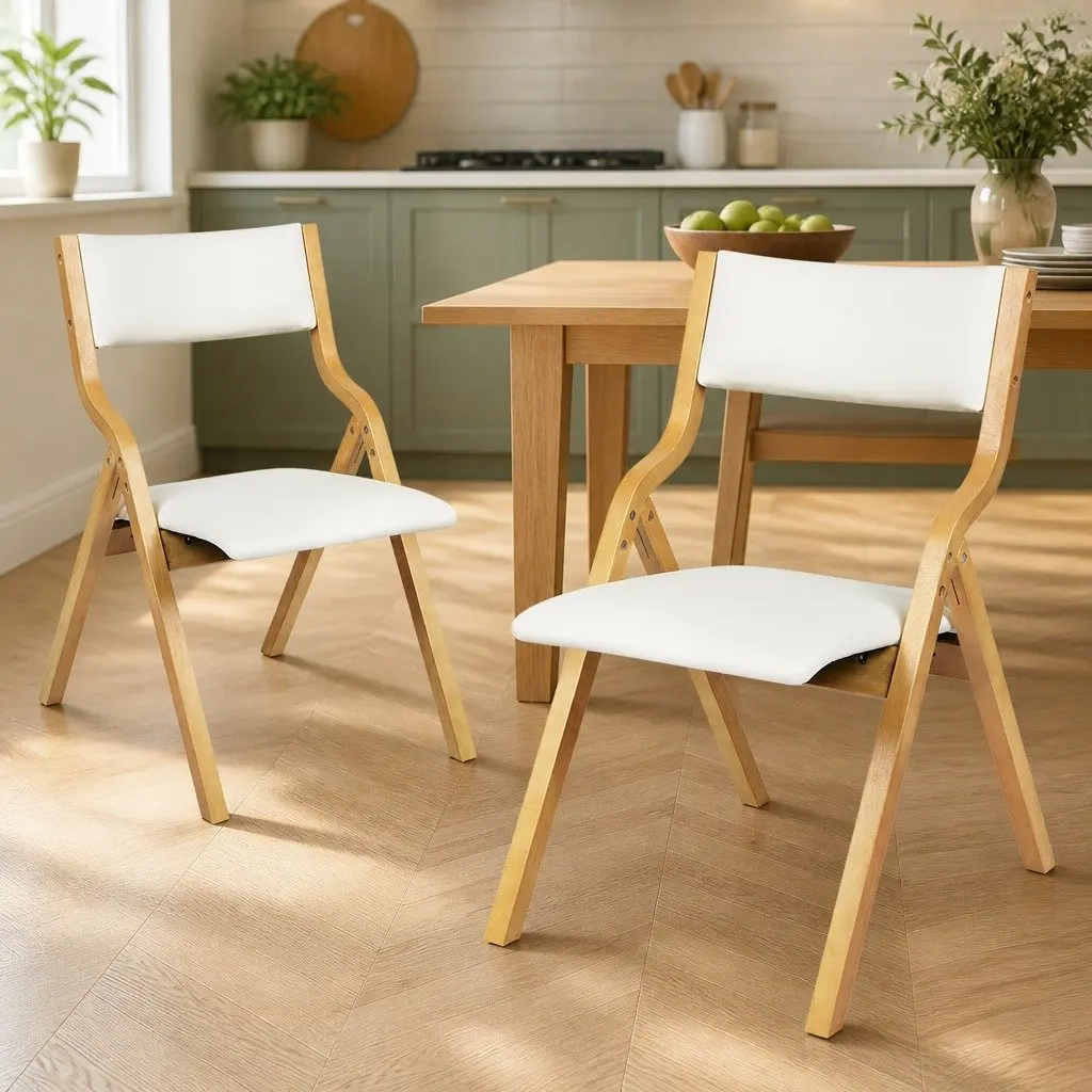 Foldable Dining Chairs PU Seat Solid Wood Frame Set of 2 Beige Kitchen Furniture