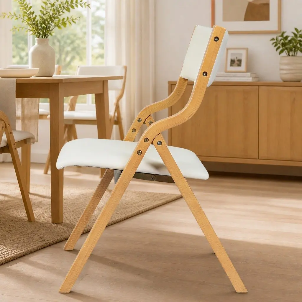 Foldable Dining Chairs PU Seat Solid Wood Frame Set of 2 Beige Kitchen Furniture
