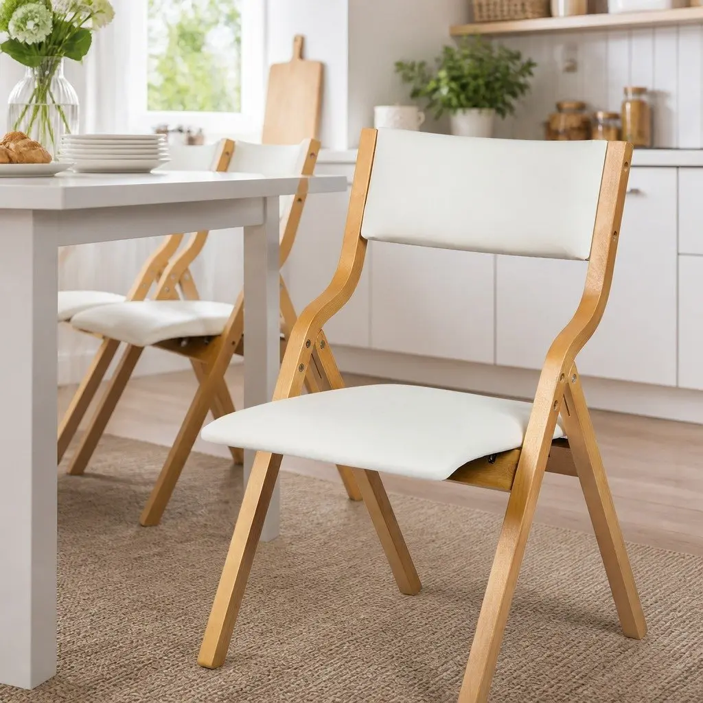 Foldable Dining Chairs PU Seat Solid Wood Frame Set of 2 Beige Kitchen Furniture
