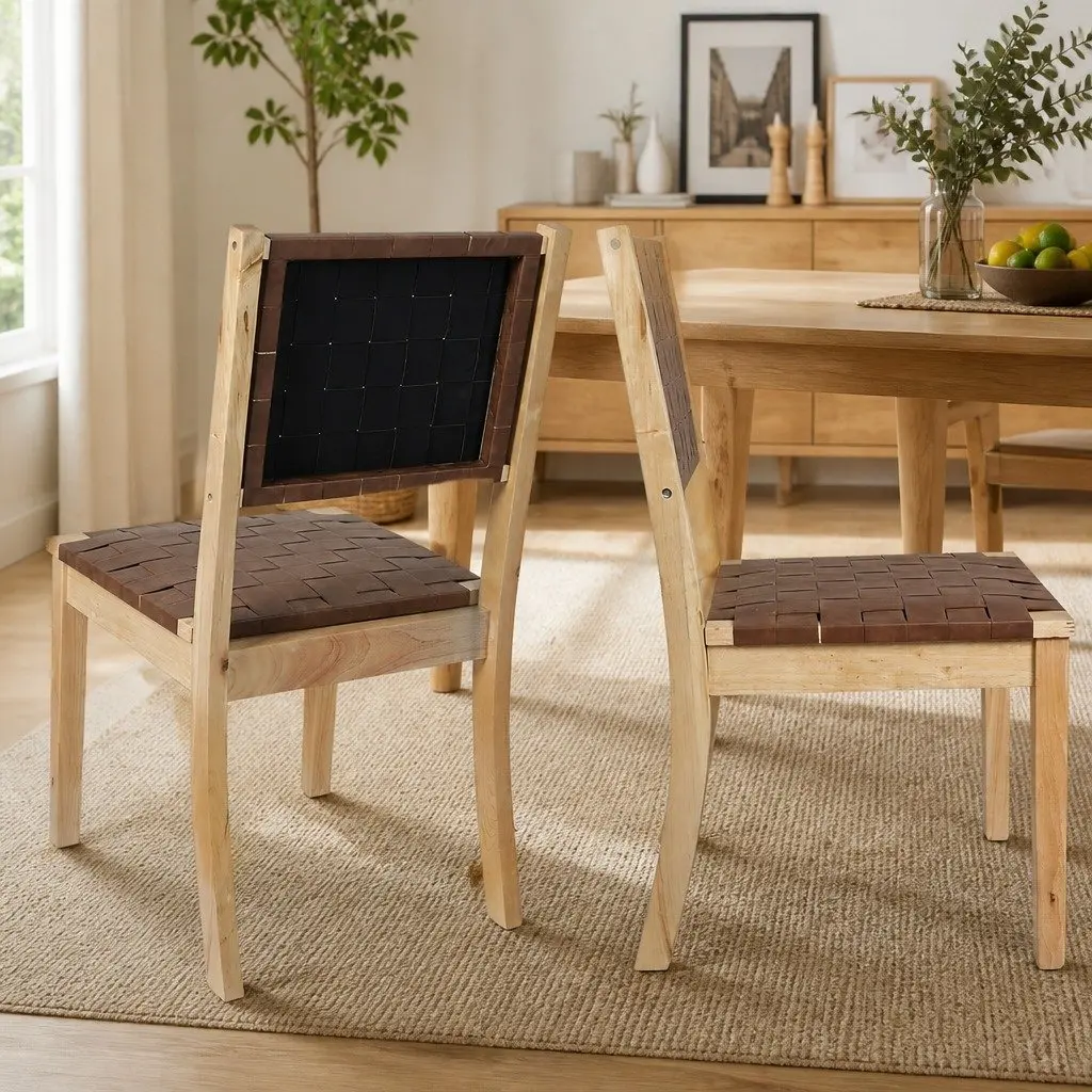 Set of 4 Tan Dining Chairs with Beech Wood Frame