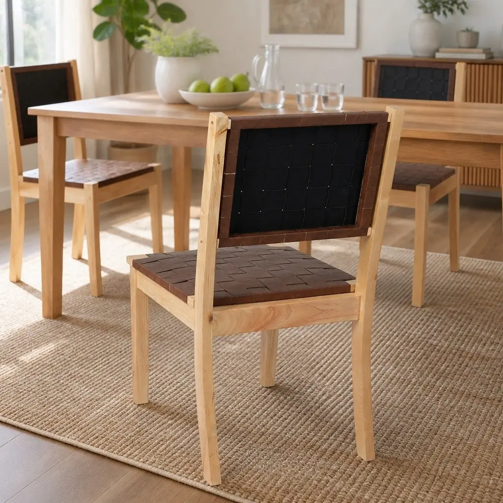 Set of 4 Tan Dining Chairs with Beech Wood Frame