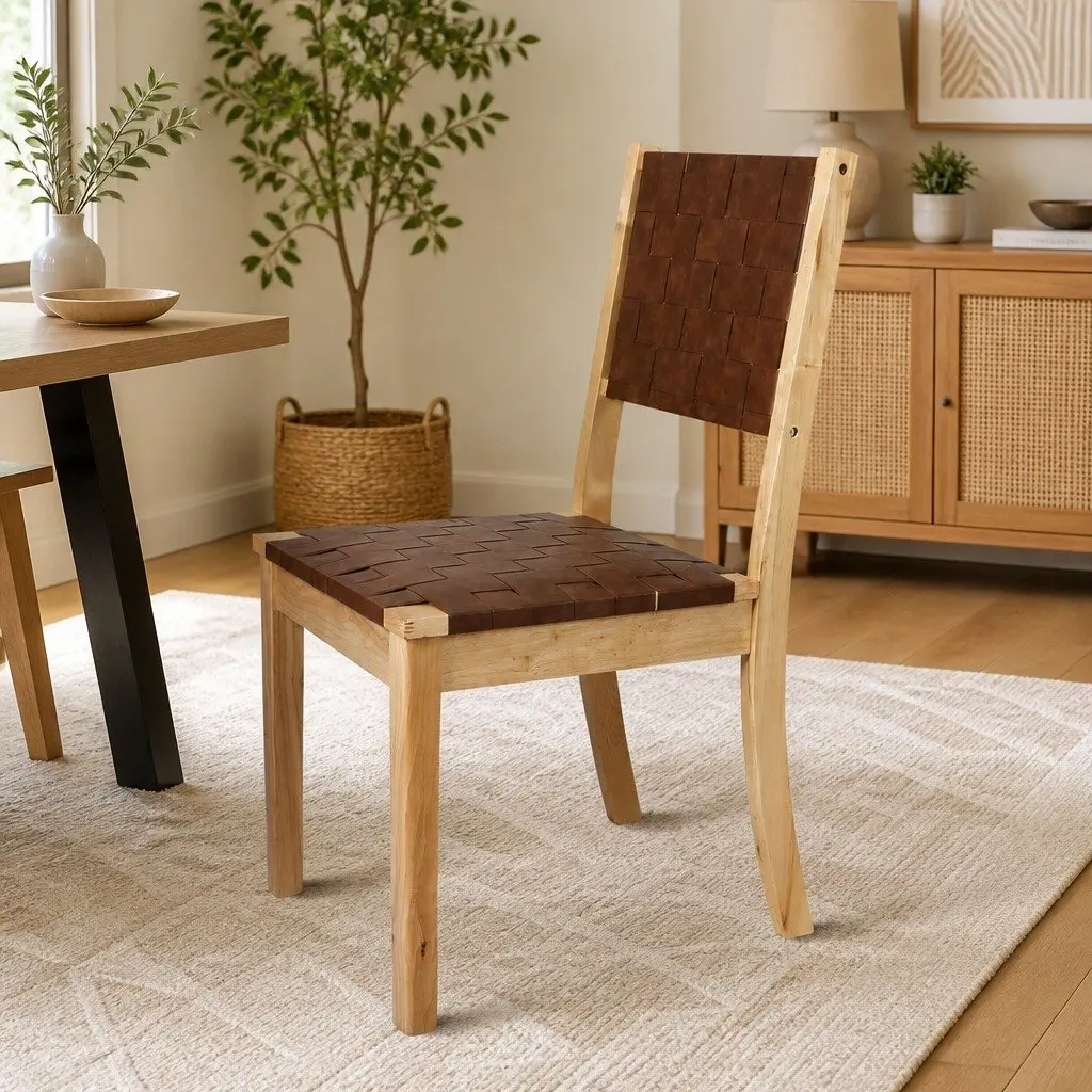 Set of 4 Tan Dining Chairs with Beech Wood Frame