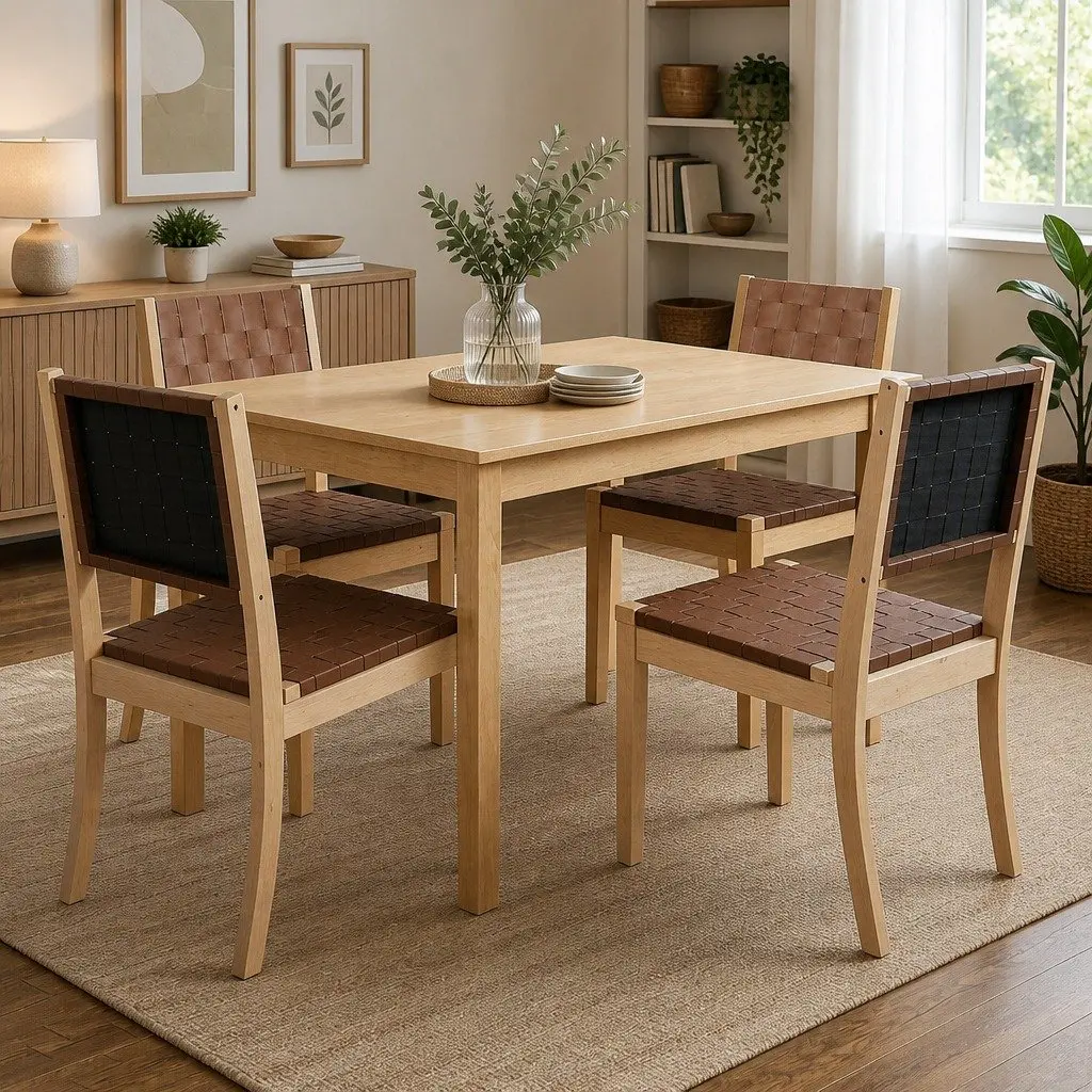 Set of 4 Tan Dining Chairs with Beech Wood Frame