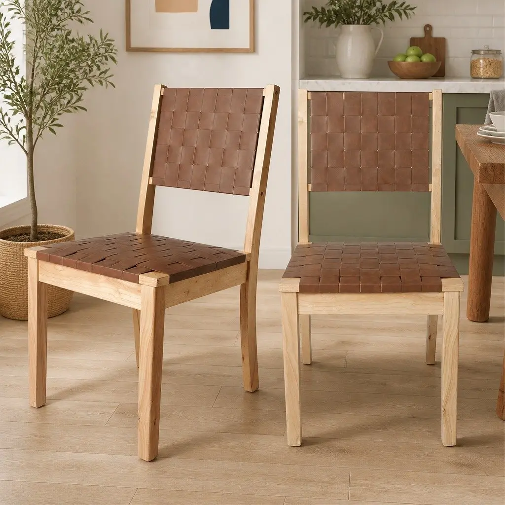 Set of 4 Tan Dining Chairs with Beech Wood Frame