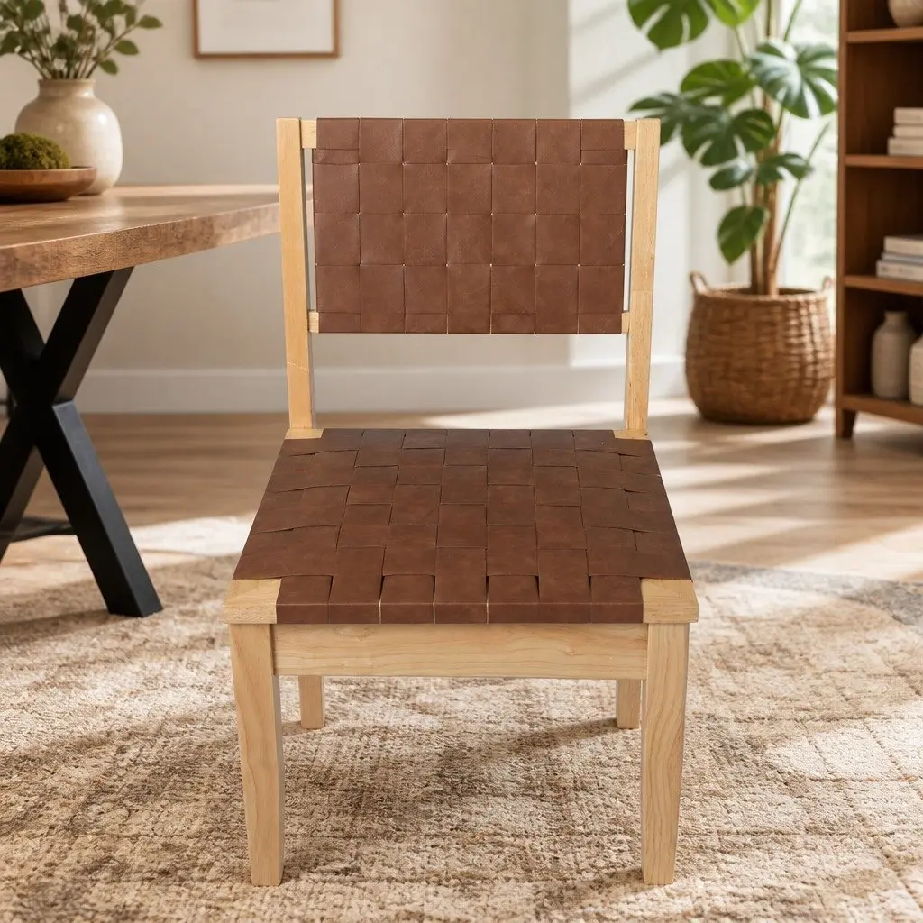 Dining Chairs Set of 6 Accent Lounge Tan Leatherette Seat Wooden Frame