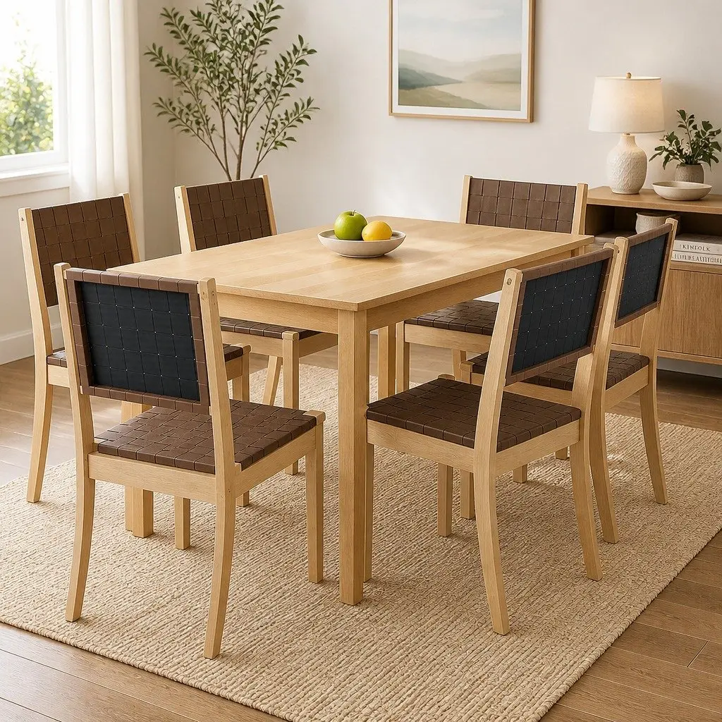 Dining Chairs Set of 6 Accent Lounge Tan Leatherette Seat Wooden Frame