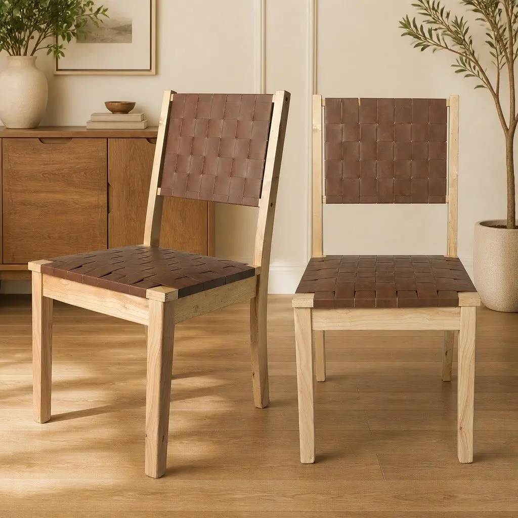 Dining Chairs Set of 6 Accent Lounge Tan Leatherette Seat Wooden Frame