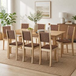 Set of 8 Tan Dining Chairs with Solid Wood Frame