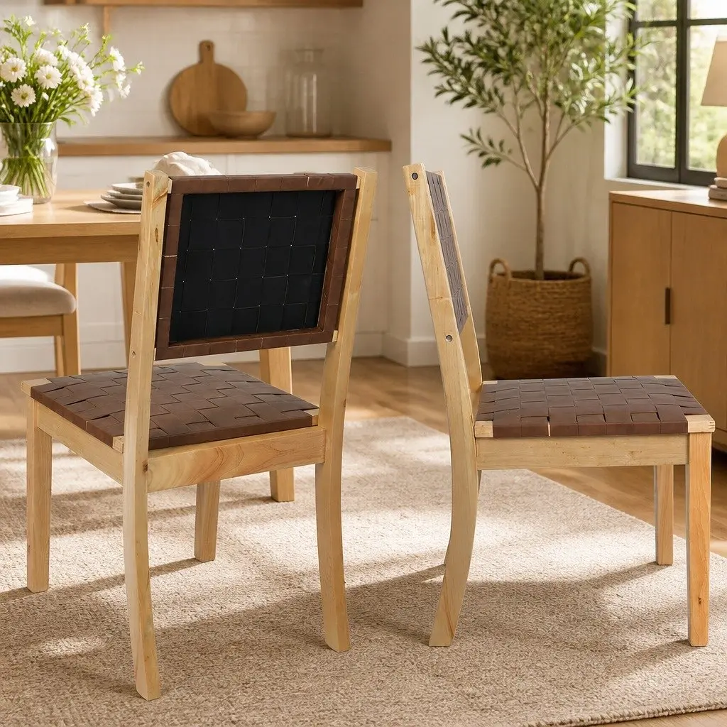Dining Chairs Tan Accent Lounge 8 Piece PU Leather Solid Beech Wood Frame Kitchen Seating