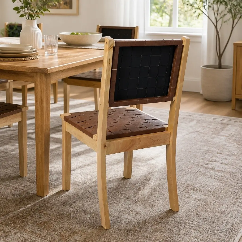 Dining Chairs Tan Accent Lounge 8 Piece PU Leather Solid Beech Wood Frame Kitchen Seating