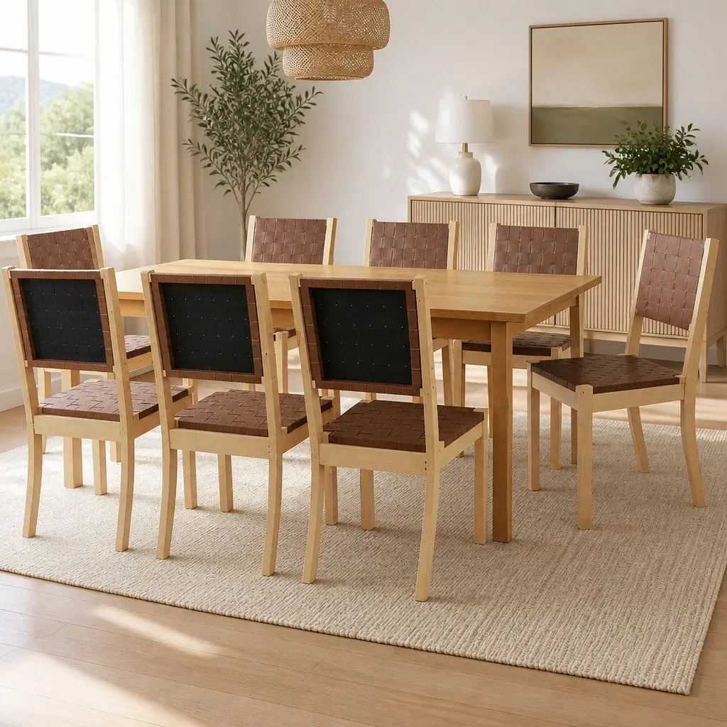 Dining Chairs Tan Accent Lounge 8 Piece PU Leather Solid Beech Wood Frame Kitchen Seating