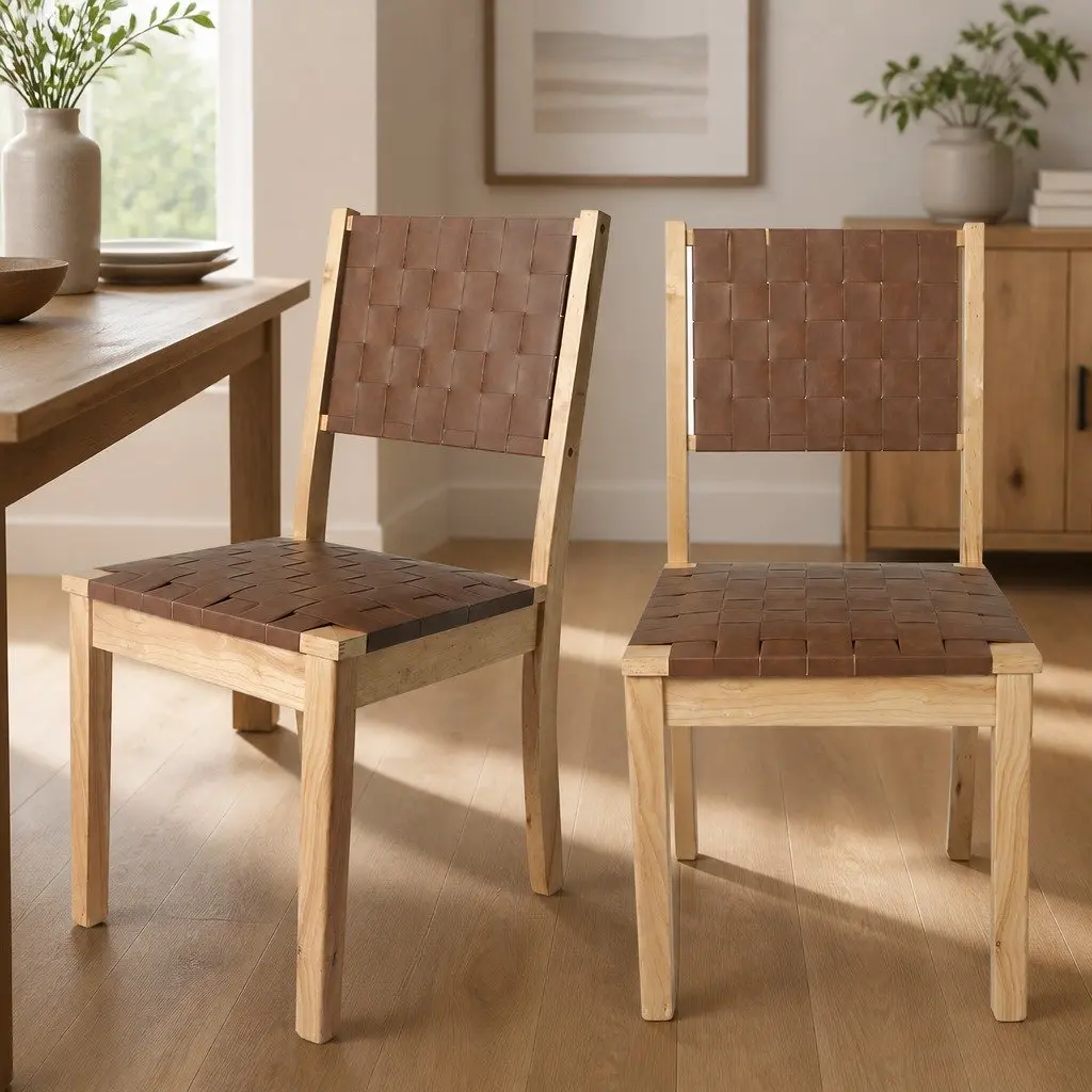 Dining Chairs Tan Accent Lounge 8 Piece PU Leather Solid Beech Wood Frame Kitchen Seating
