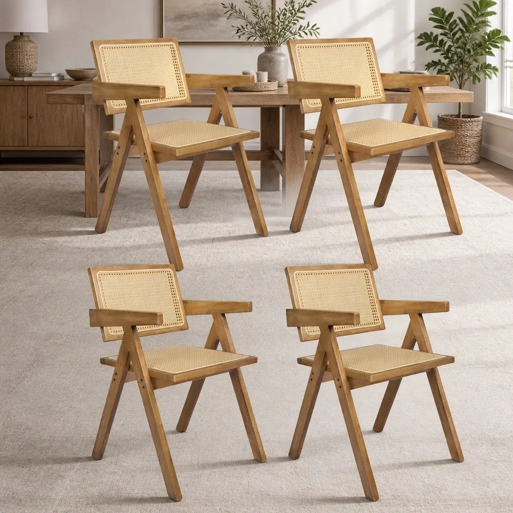 Dining Chair Set of 4 Solid Wood Rattan Seat Kitchen Restaurant Furniture