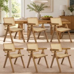 Set of 6 Rustic Solid Wood Dining Chairs with Rattan Seats