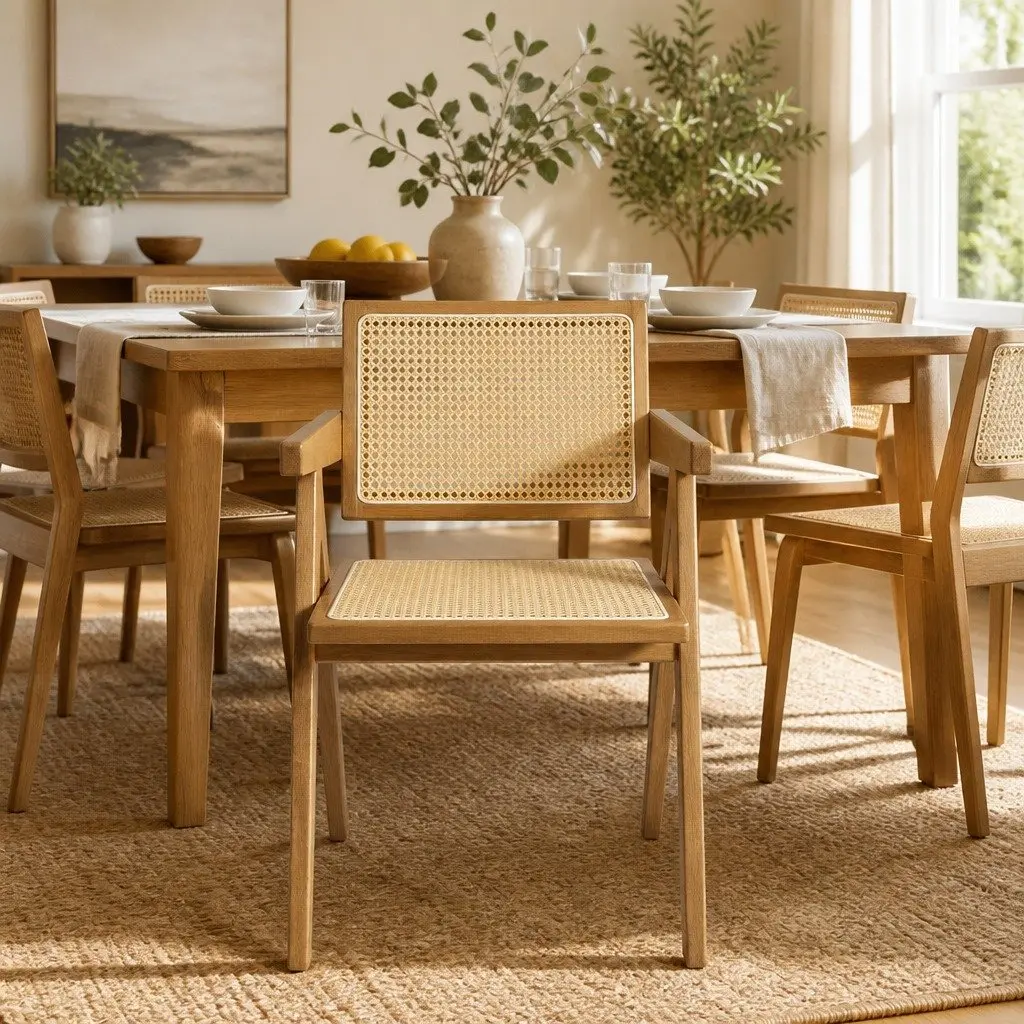 Set of 6 Rustic Solid Wood Dining Chairs with Rattan Seats