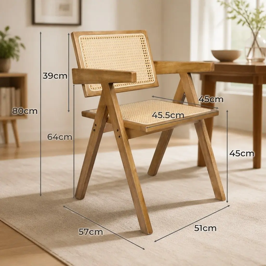 Set of 6 Rustic Solid Wood Dining Chairs with Rattan Seats