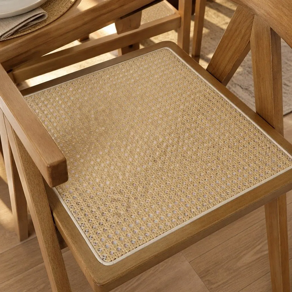Set of 6 Rustic Solid Wood Dining Chairs with Rattan Seats