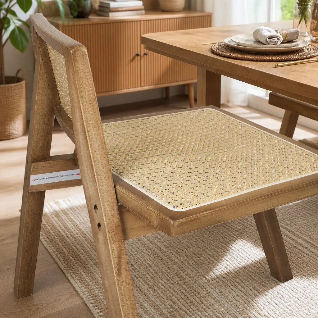 Set of 6 Rustic Solid Wood Dining Chairs with Rattan Seats