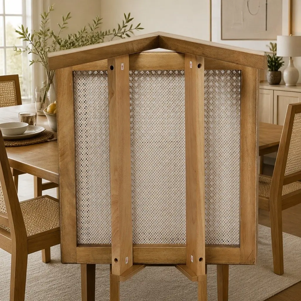 Set of 6 Rustic Solid Wood Dining Chairs with Rattan Seats