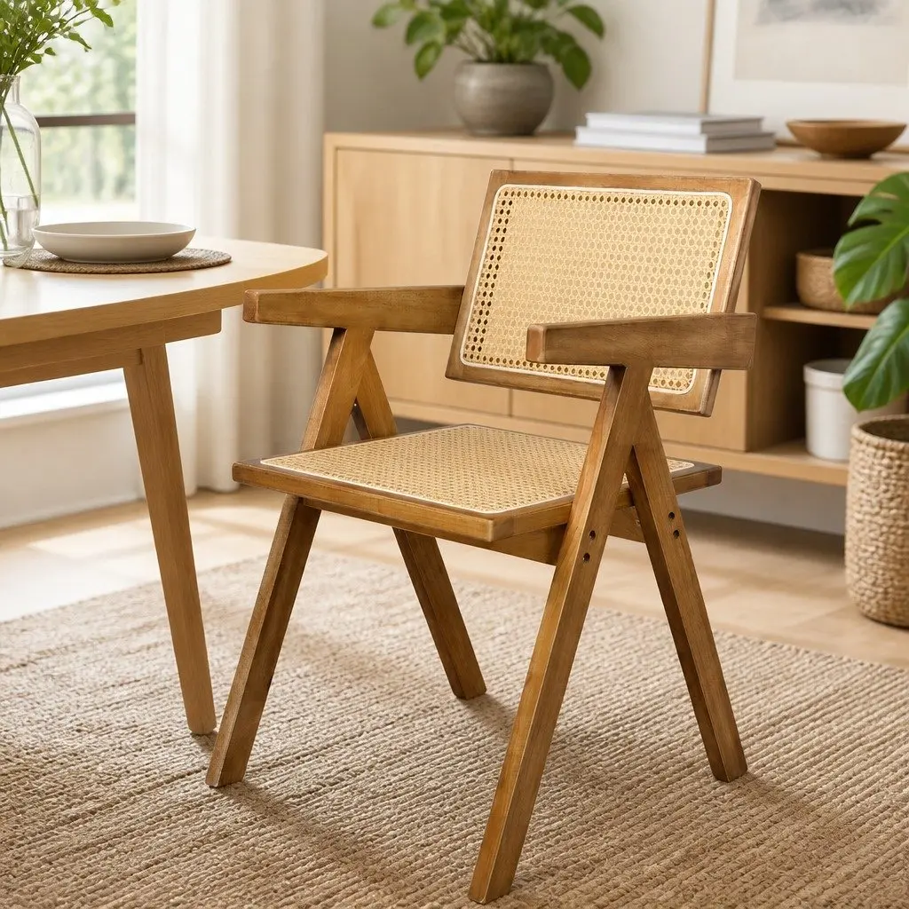 Set of 6 Rustic Solid Wood Dining Chairs with Rattan Seats