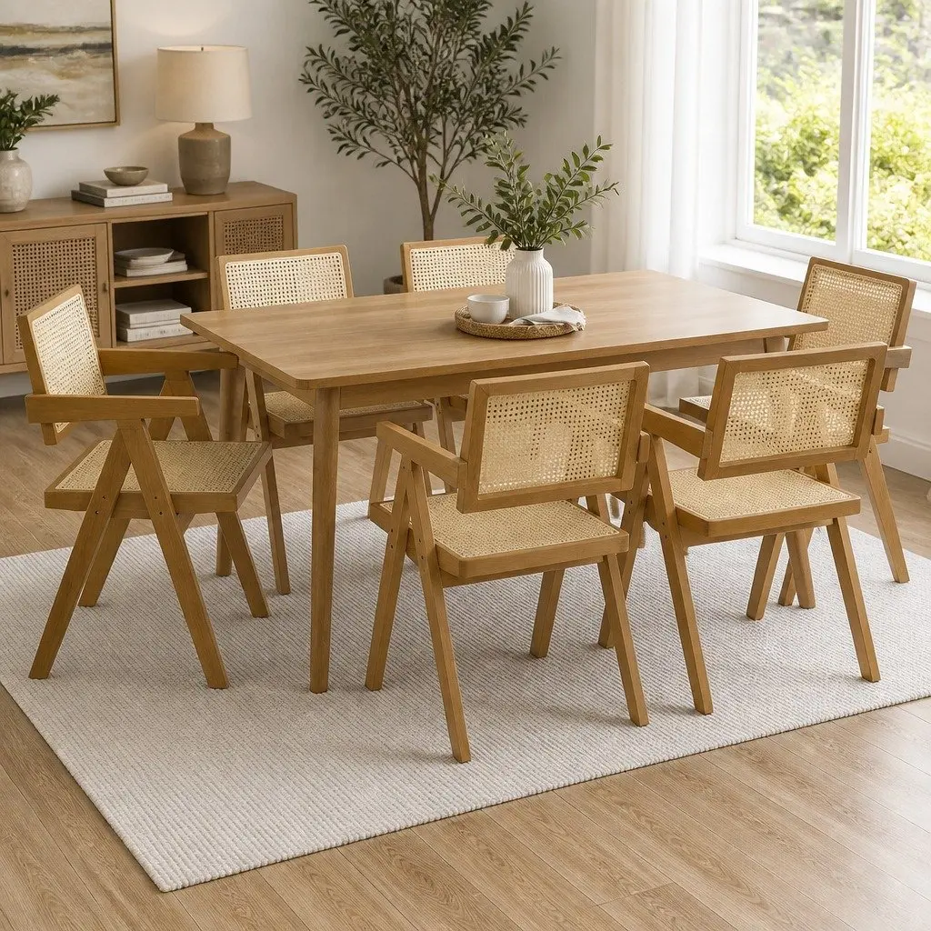 Set of 6 Rustic Solid Wood Dining Chairs with Rattan Seats