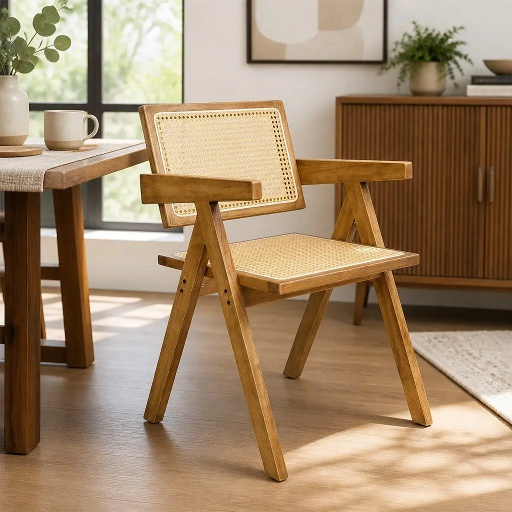 Set of 6 Rustic Solid Wood Dining Chairs with Rattan Seats