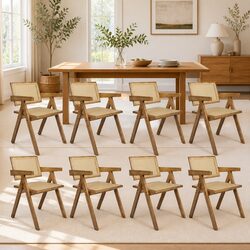 Natural Wood Dining Chair Set of 8 with Rattan Weave