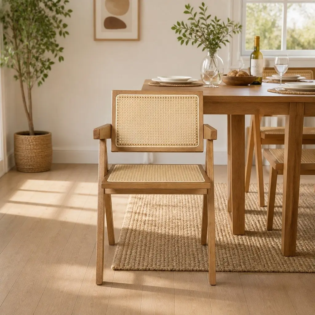 Natural Wood Dining Chair Set of 8 with Rattan Weave