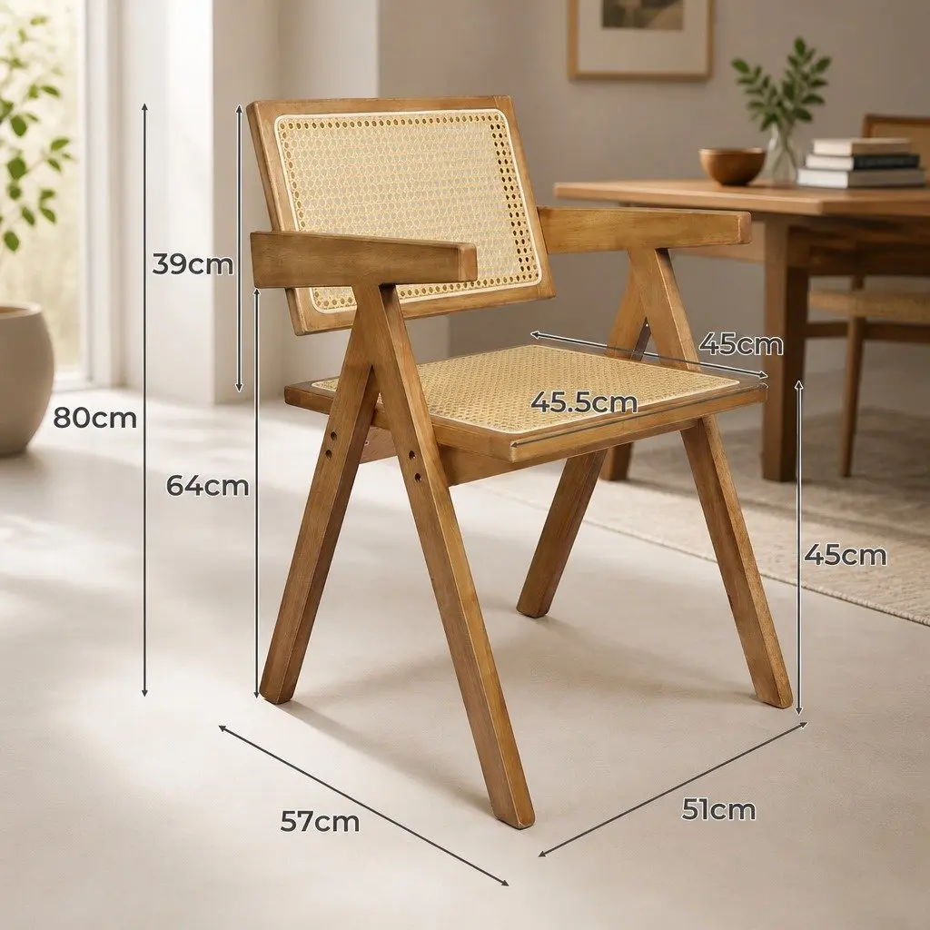 Natural Wood Dining Chair Set of 8 with Rattan Weave