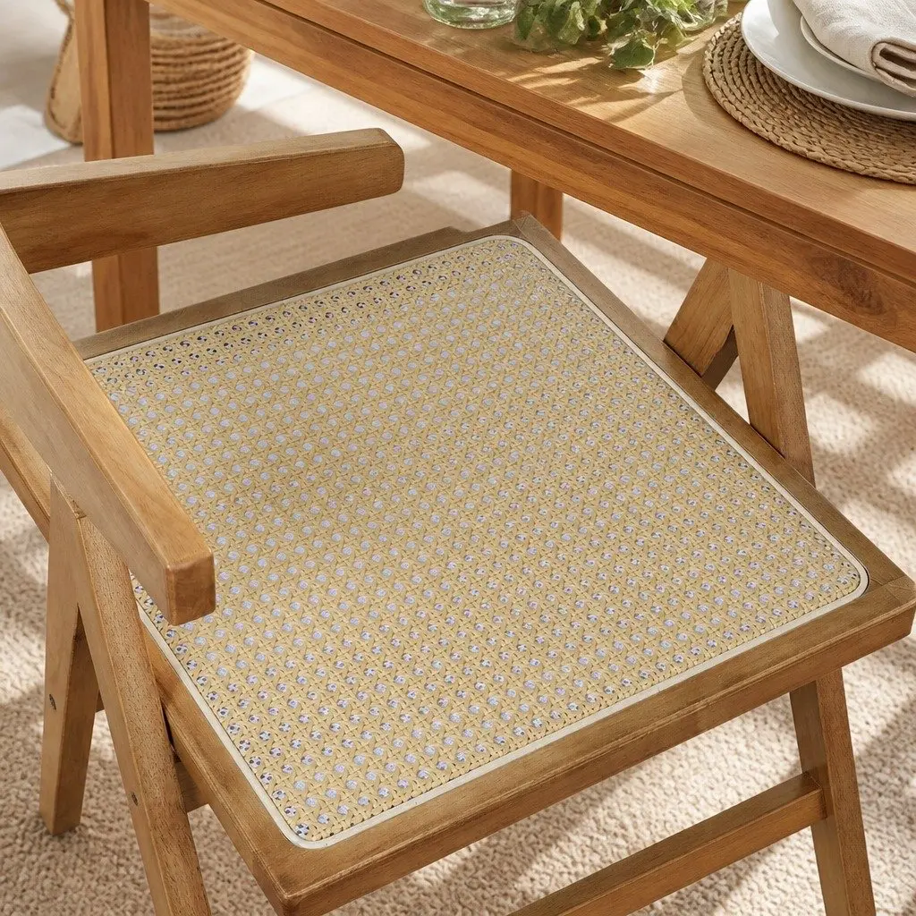 Natural Wood Dining Chair Set of 8 with Rattan Weave
