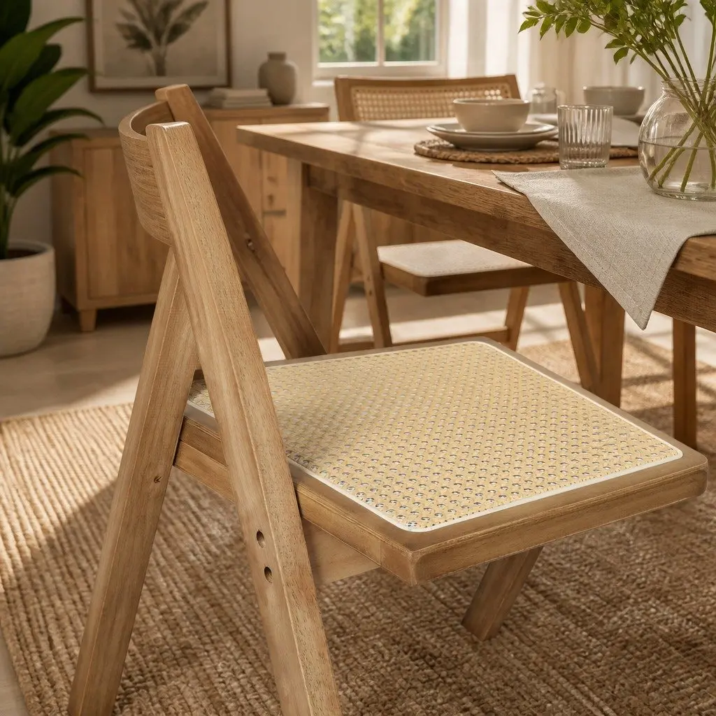 Natural Wood Dining Chair Set of 8 with Rattan Weave