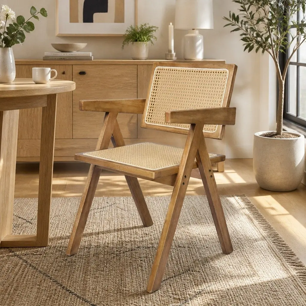Natural Wood Dining Chair Set of 8 with Rattan Weave