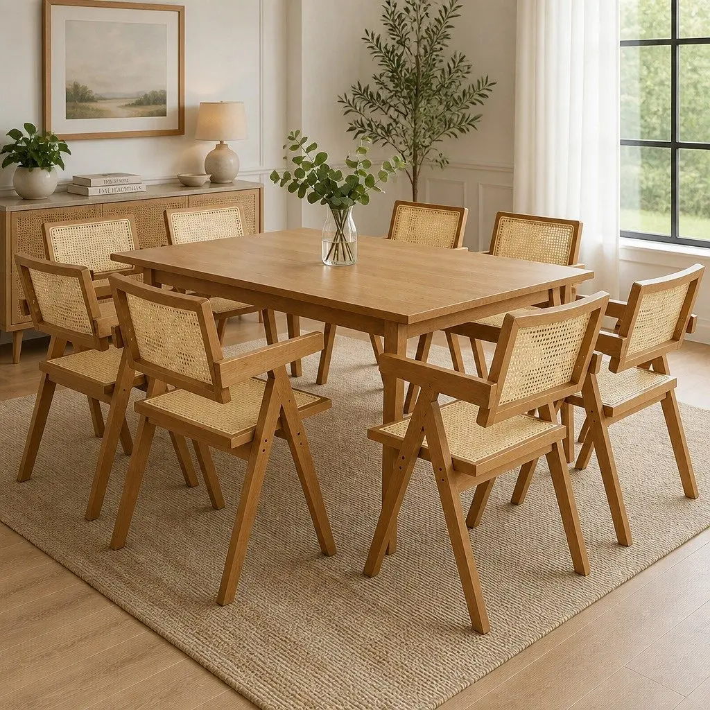 Natural Wood Dining Chair Set of 8 with Rattan Weave