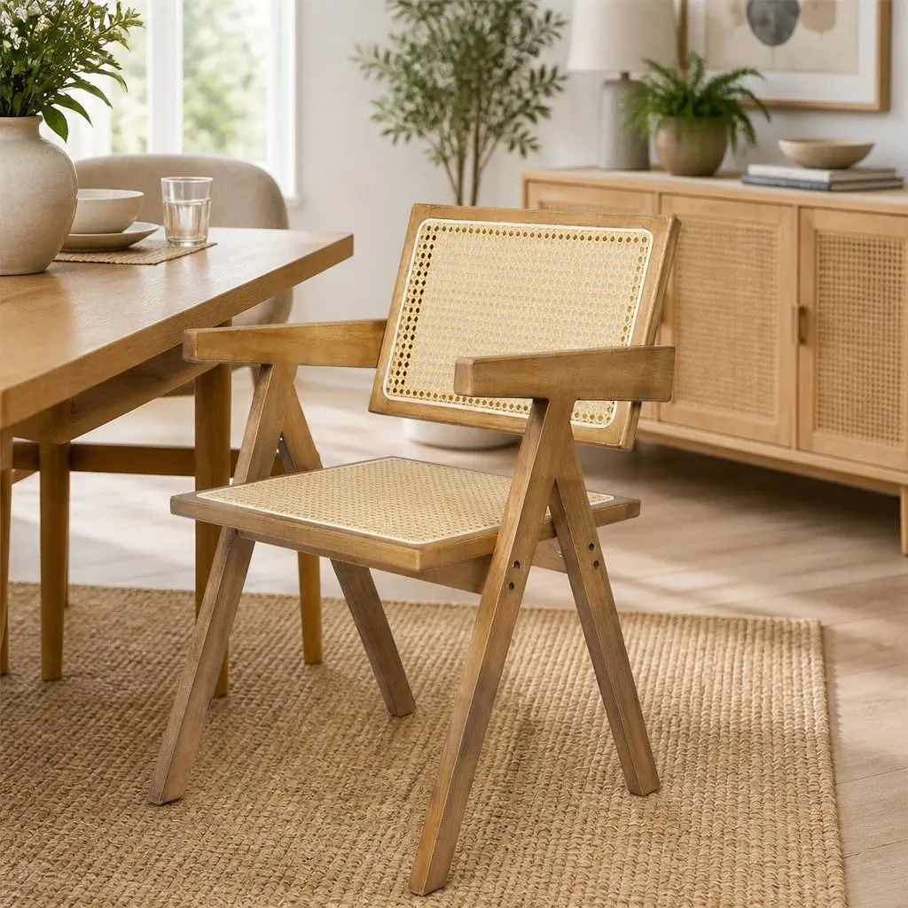 Natural Wood Dining Chair Set of 8 with Rattan Weave