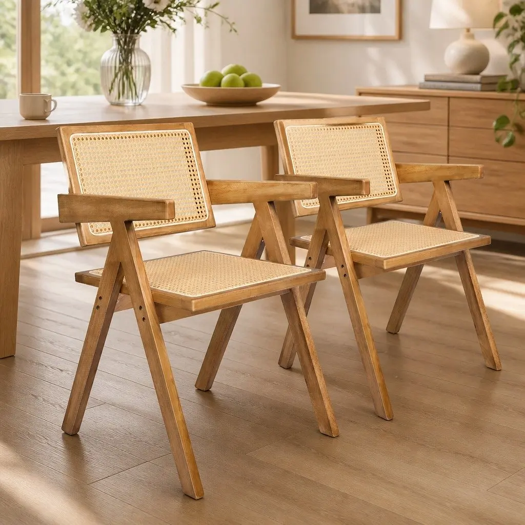 Dining Chair Rattan Weave Solid Wood Natural Set of 2 Comfortable Seat