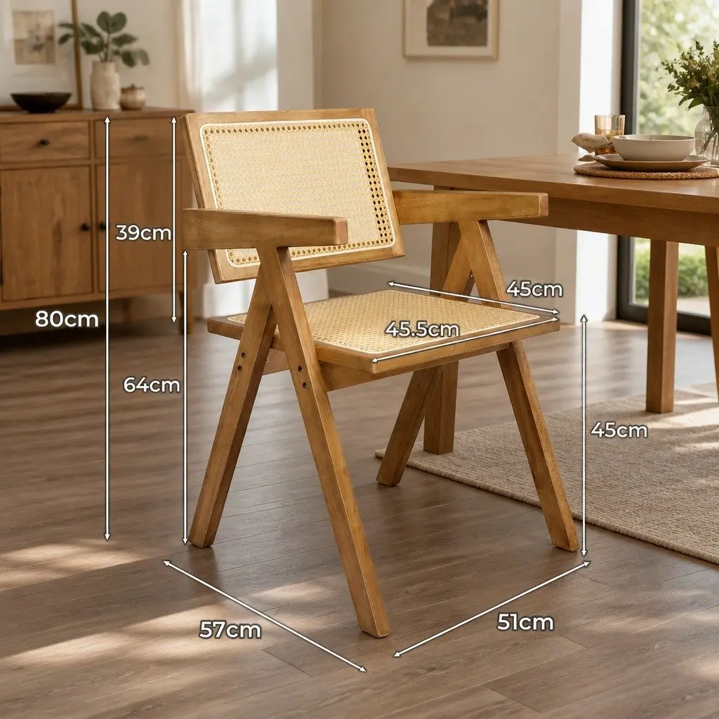 Dining Chair Rattan Weave Solid Wood Natural Set of 2 Comfortable Seat