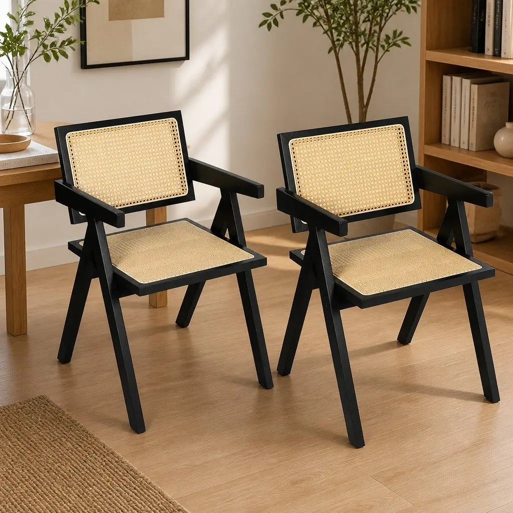 Black Wicker Armchair with Rattan Backrest