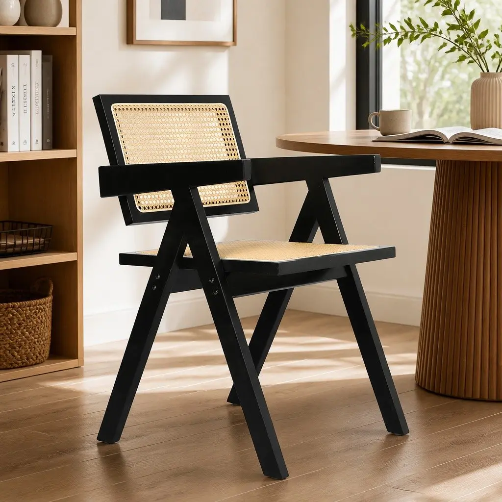 Black Wicker Armchair with Rattan Backrest