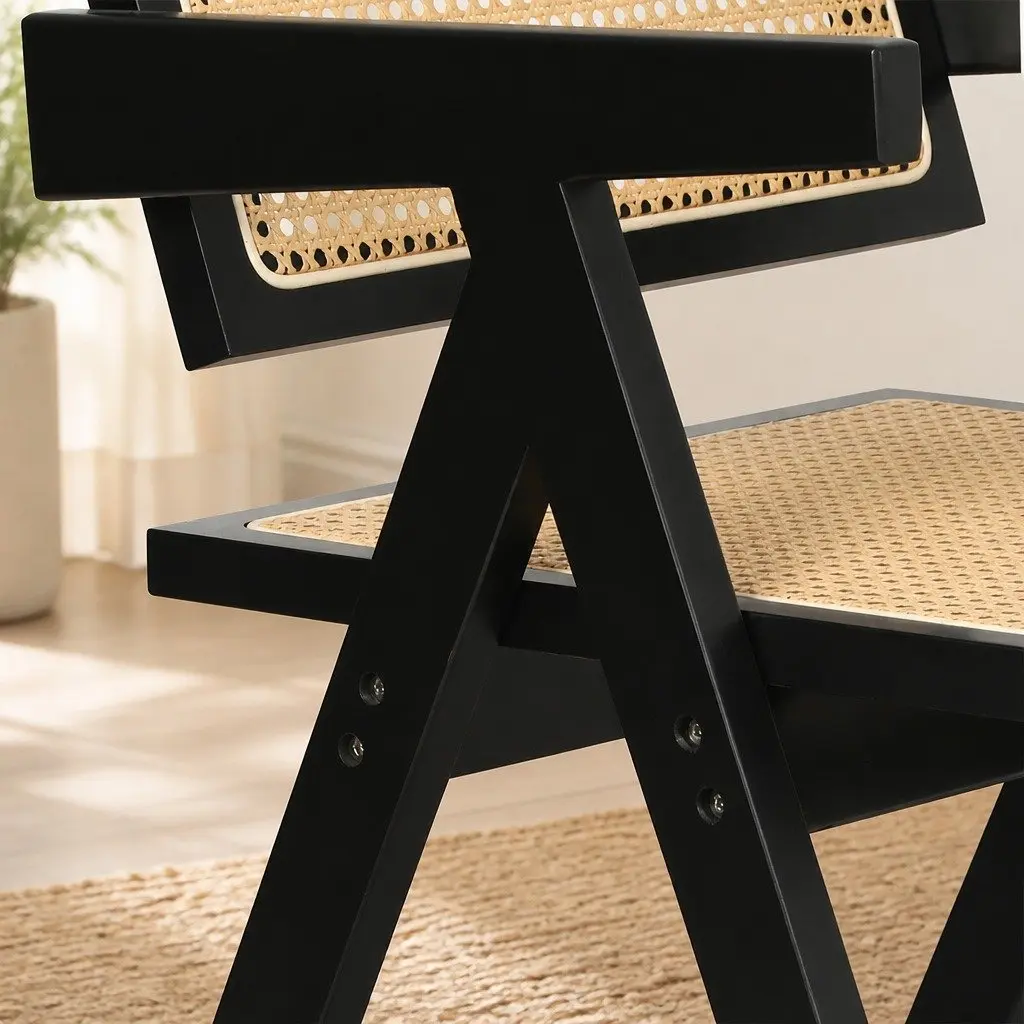 Black Wicker Armchair with Rattan Backrest
