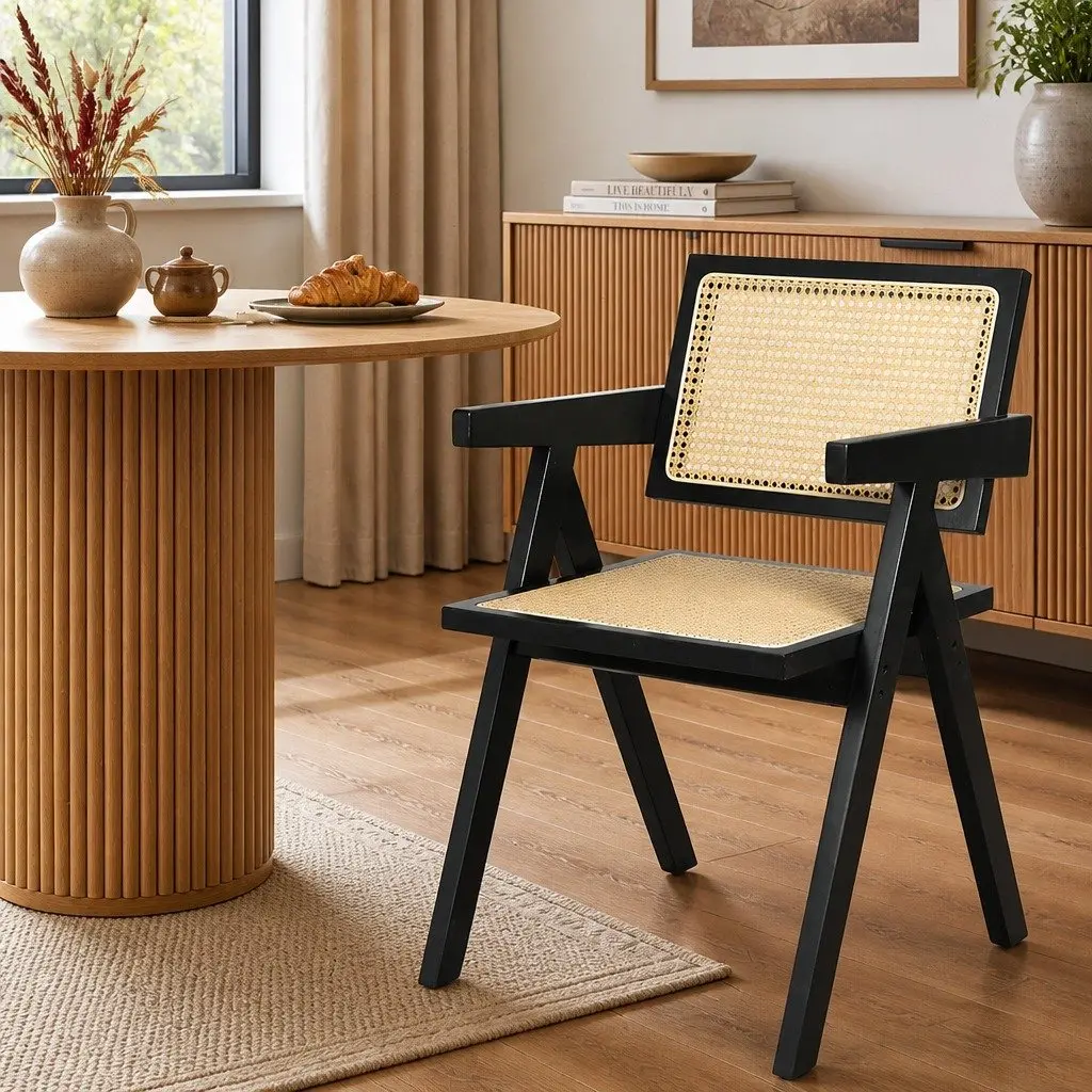 Black Wicker Armchair with Rattan Backrest