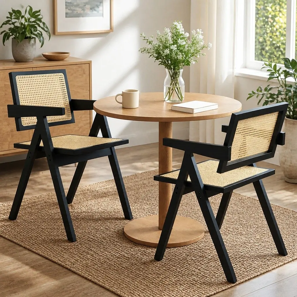 Black Wicker Armchair with Rattan Backrest